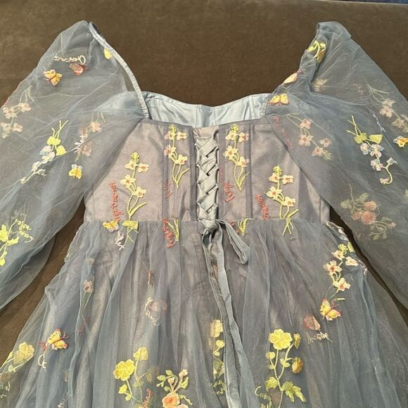 Women’s Blue Dress Embroidered Flowers & Butterflies Corset Back Size 12 NWOT - Picture 11 of 14